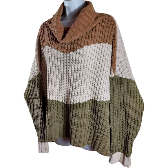 POL Chunky Knit Sz L Colorblock Sage Green Chenille Oversized Cowl Neck Sweater - Picture 2 of 11